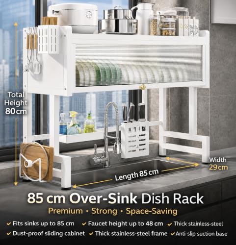 Image of Gvnd Over-The-Sink Dish Drying Rack with Dustproof Flip Cover Door | Multifunctional Adjustable Metal Kitchen Countertop Organizer (MULTI 1)
