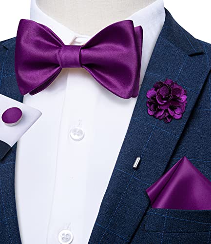 Image of DiBanGu Solid Color Bow Ties for Men Formal Satin Self Tied Bowtie with Lapel Pin Pocket Square Cufflinks for Wedding Party