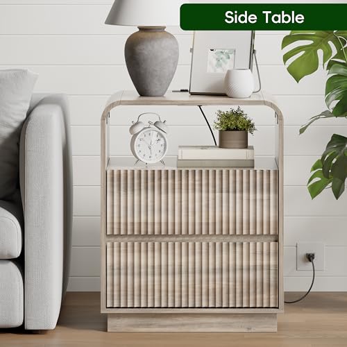 Image of Wodeer Grey Nightstand with Charging Station, Mid Century Modern Bedside Table & End Table, Fluted Wood Small Night Stand with 2 Hidden Drawers and Storage Shelf for Bedroom, Gray
