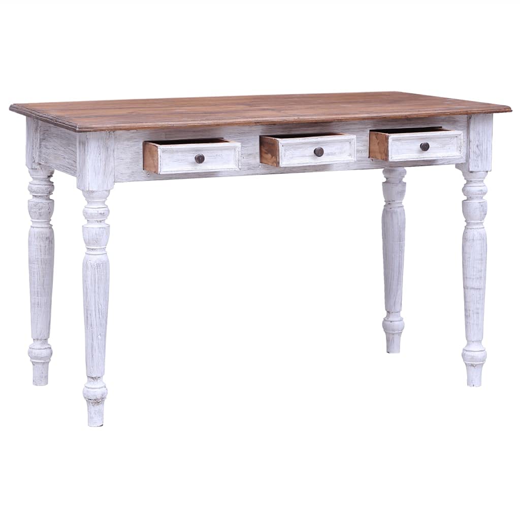 Scrivania bianca con 3 cassetti, in legno massiccio riciclato, 117 x 57 x 75 cm, postazione di lavoro per casa e ufficio, scrivania per computer, tavolo per laptop, archiviazione per documenti