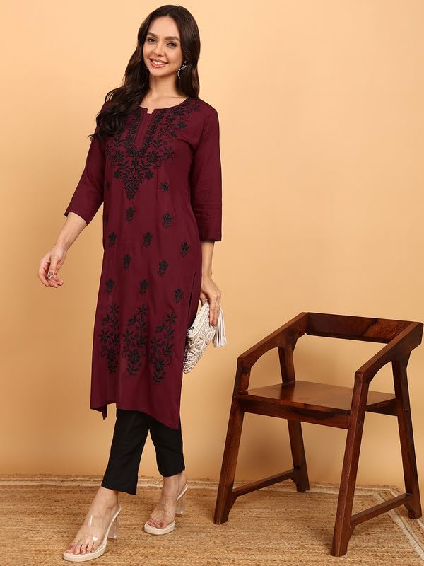 Image of Women Pink Ethnic motifs Embroidered Lucknowi Chikankari Long Kurti