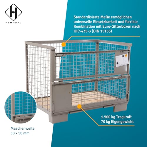 HEMMDAL Euro-Gitterbox mit 2 Doppelvorderwandklappe | 1.500 kg Tragkraft | HxBxT 97 x 124 x 83,5 cm | Grau | 5 x 5 cm Maschenweite | aus Stahl | stapelbar | tauschfähig | Gitterbehälter