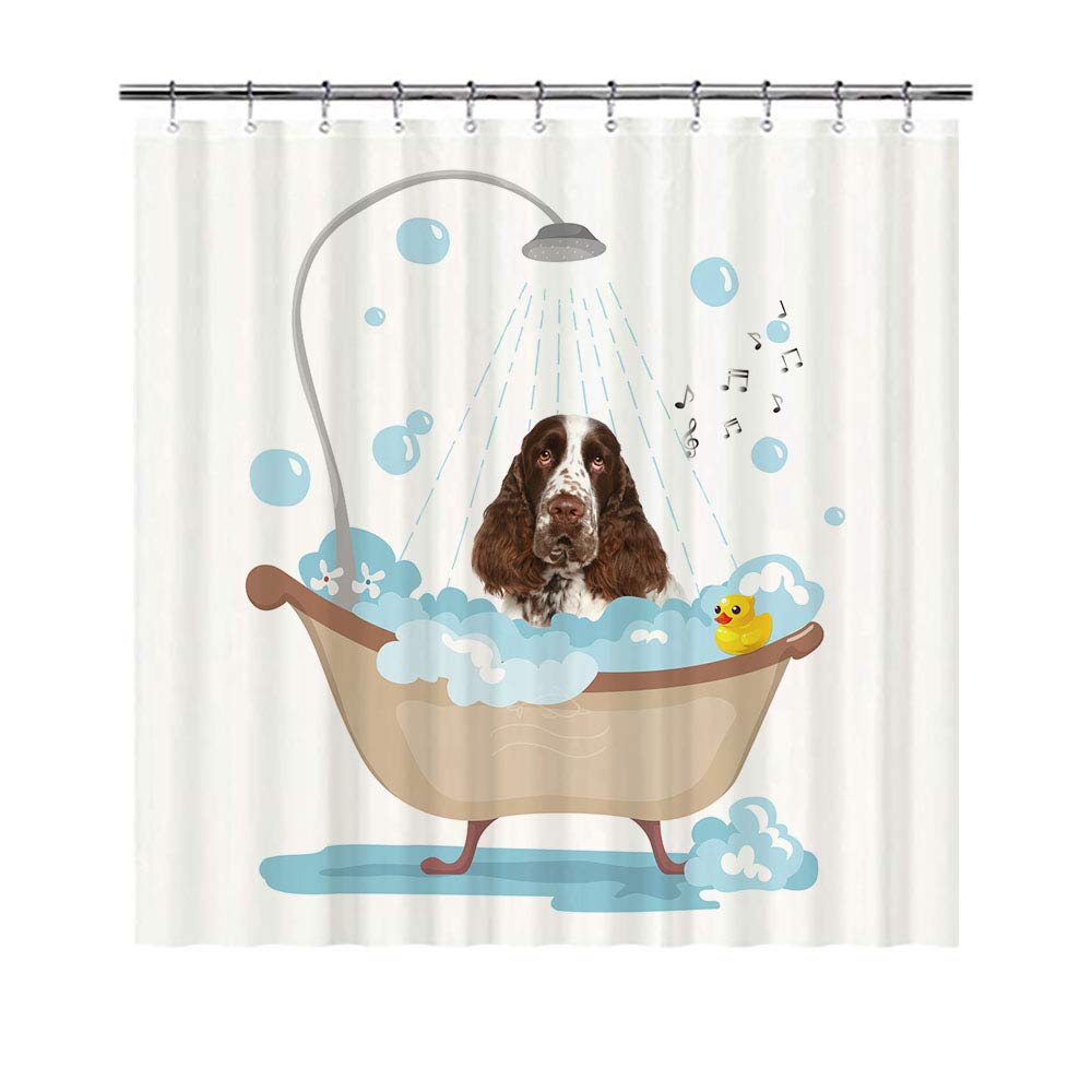 BAGEYOU Funny Dog English Springer Spaniel in Bath Shower Curtains Cute Puppy Taking A Shower Waterproof Polyester Fabric Bathroom Curtain 66 X 72 Inch, with 12 Hooks