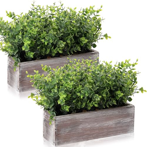 Lyrow 2 Pack Artificial Eucalyptus Plant in Rustic Rectangular Wooden Planter Box Greenery Faux Potted Herb Plant for Indoor Wedding Table Centerpiece(Green,11.4 x 3.7 x 7.8 Inches,Classic Style)