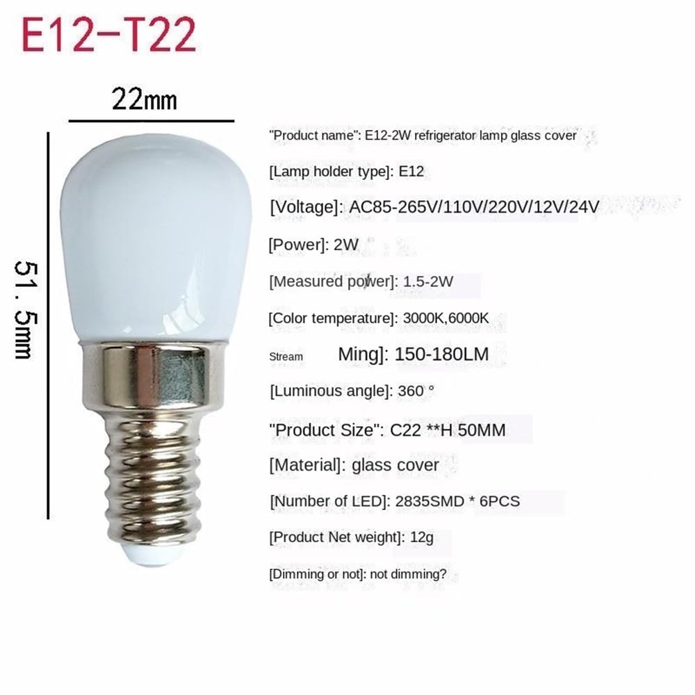 RZL Lighting, Confezione da 50 lampadine a LED for frigorifero AC220V 0,7 W/1,5 W T22B E14/E12/B15 con coperchio in vetro lattiginoso(Warm White 3000K,0.7W E12)