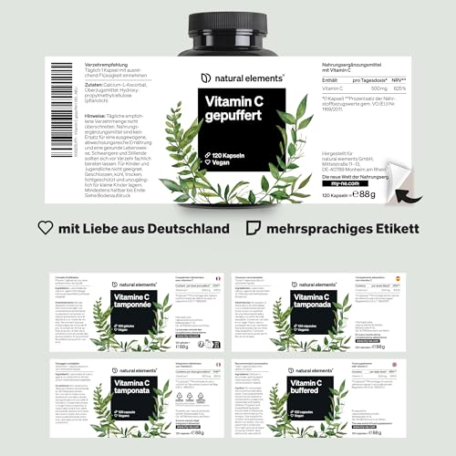 natural elements Vitamin C gepuffert 500mg – 120 vegane Kapseln – magenschonend, pH-neutral, säurefrei – aus Fermentation von Mais ohne Gentechnik gewonnen – in Deutschland entwickelt & laborgeprüft