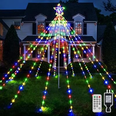 Ollny Christmas Lights Tree 340LED with Topper Star, IP67 Waterproof Remote Control Waterfall Lights with Pole, 8 Modes 3 Timers Dimmable Christmas Decorations Outdoor Yard Garden Lawn Multicolored