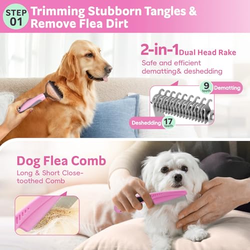 Dog Brush, 13Pcs Pet Grooming Kit with Deshedding Brush for Dogs and Dog Nail Clippers, Cat Grooming Supplies with Pet Hair Removal Gloves, Dematting Comb Brush Shampoo Scrubber for Short & Long Haired Dogs / Cats (Pink 13pcs) - Image 4