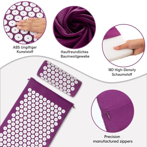 Akupressurmatte, Akupunktur matte, Akkupressmatte mit Kissen, Akkupressurmatte, Massagematte, Akupressure Set Purple, Akupressurmatte Rücken, Shiatsu matte, Fakirmatte,Lila