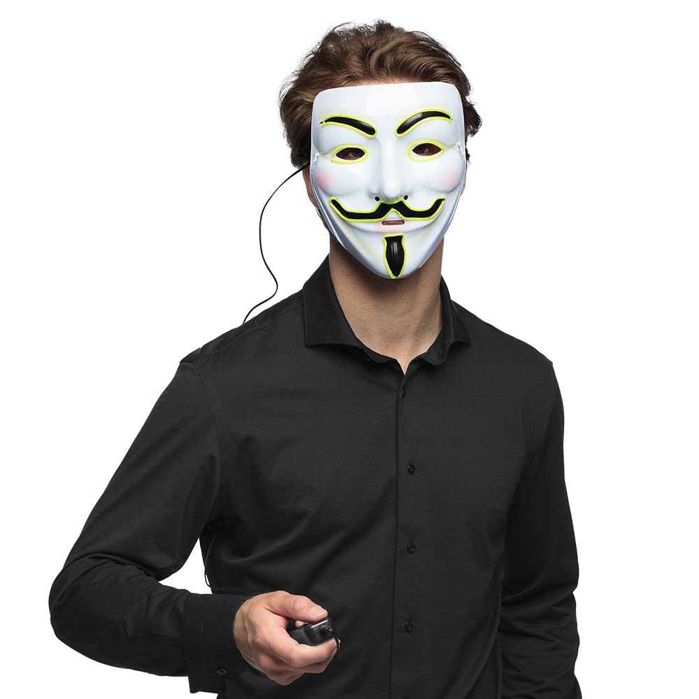 Boland LED Guy Fawkes Mask – V for Vendetta Anonymous Style Fancy Dress Mask with Light Up Neon Effect – Hacker Costume, Festival, Rave, Halloween Party Accessory – One Size.