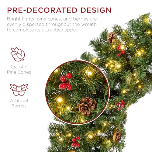 Image of Best Choice Products 36in Pre-Lit Christmas Wreath w /Berries & Pinecones, Large Artificial Indoor /Outdoor Decor for Door, Mantel, Plug-in