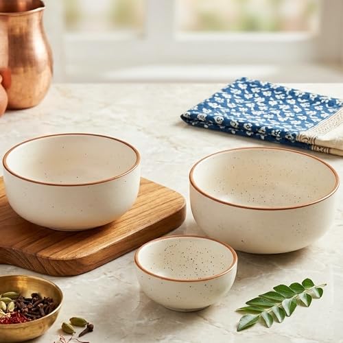 Image of The Earth Store White Matte Brown Ceramic Serving Bowl Set of 3 - 800ML, 500ML, 150ML Microwave Safe Bowl, Elegant Serving Bowl | Ceramic Bowl Set of 3 for Home | Restaurants | Gifting