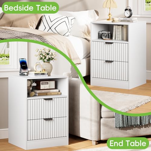 Image of White Night Stand Set 2, LED Nightstand with Charging Station, Fluted Nightstands Set of 2 with 2 Drawers, Wood Side Table End & Bedside Tables for Bedroom Sofa Office