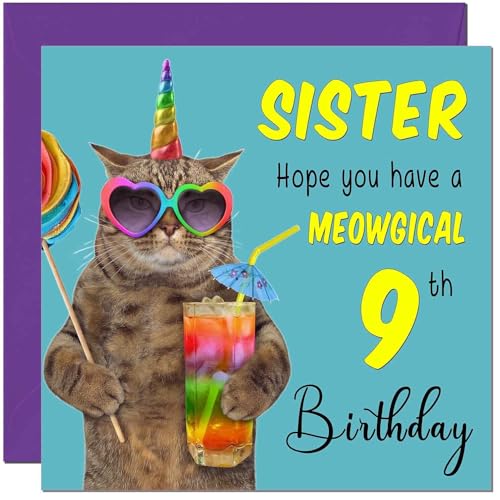 9th Sister Birthday Card - Meowgical Cat Funny Sister's Birthday Card for 9 Year old Kids Nine, Ninth