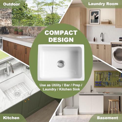 Image of Undermount Kitchen Sink 24 Inch, Small Deep Drop in Bar Sink Topmount, Fireclay Dual Mount White Farm Sink with 2 Accessoried, for Small Kitchen Island & Laundry