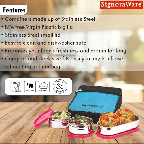 Image of SignoraWare Health Bite Stainless Steel Lunch Box | Airtight & Leakproof | Compact & Easy to Carry | Ideal for Meal Prep, Travel & Everyday Use (350ml x 2 + 650ml | Set of 3 | Red)