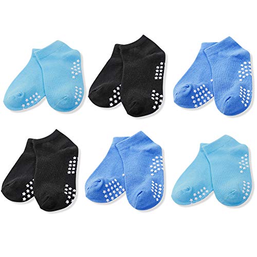 6 Packs Baby Boy Anti Slip Socks with Grip Kid Non Slip Anti Skid Socks Cotton Toddler Walking Socks(5-7Years)