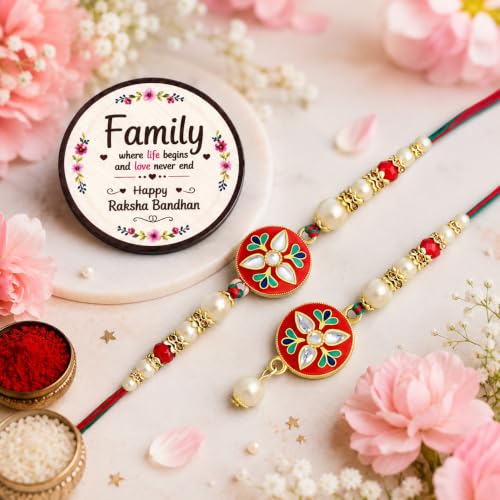 Image of Riddhika Ventures Glorious Gold Plated Religious Diamond Ring Rakhi || Traditional Rakhi Set of 2 & Festive Gift || Rakhi Gift Combo for Bhaiya Bhabhi