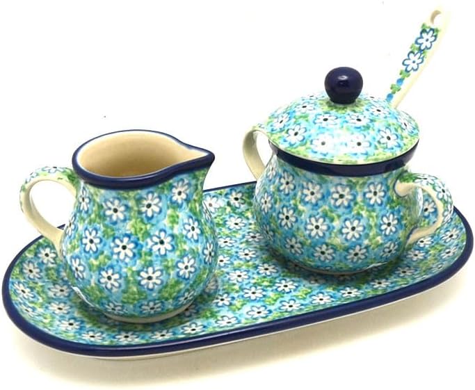 Polish Pottery Cream & Sugar Set with Sugar Spoon - Key Lime