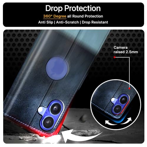 Image of FLIPPED Vegan Leather Flip Case Back Cover for iPhone 16 (Flexible, Shock Proof | Hand Stitched Leather Finish | Card Pockets Wallet & Stand | Blue with Aquamarine)