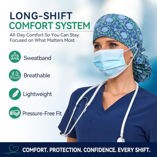 Image of Satin Lined Scrub Cap for Women, Bouffant Nurse Cap with Sweatband and Buttons, Adjustable Surgical Hat for Curly Hair, Braids, Long Hair and Buns, Blk+Tooth blk