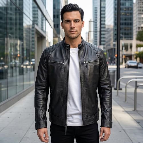 Image of Leather Jacket Men - Real Lambskin Motorcycle Jacket with Snap Tab Collar, Adjustable Waist & Zippered Pockets