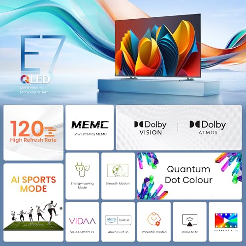 هايسينس تلفزيون QLED ذكي 50 بوصة E7N-كوانتوم دوت، صورة ذكاء اصطناعي، دولبي فيجن، دولبي اتموس، مشاركة التلفاز، التحكم الصوتي، وضع صانع الافلام، يوتيوب، نتفليكس، ديزني+ وشاهد، 50E7N (اصدار الامارات