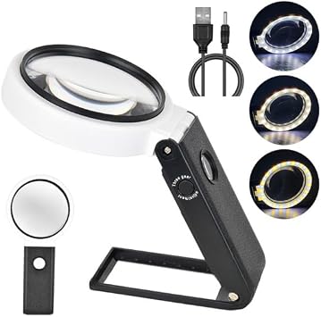 Magnifying Glasses with Light and Stand, 10X 25X Handheld Lighted Magnifier, Large Standing Magnifying Glass with 32 LED Lights for Close Work Coin Stamp Collection