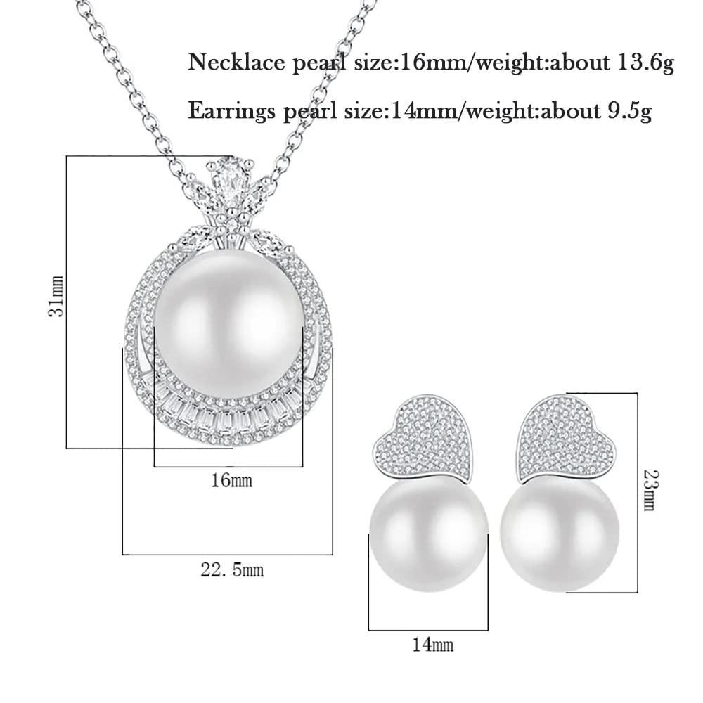 925 Sterlingsilber 14mm Perlenanhänger Halskette Ohrringe Hochzeitsschmuck Sets für Frauen