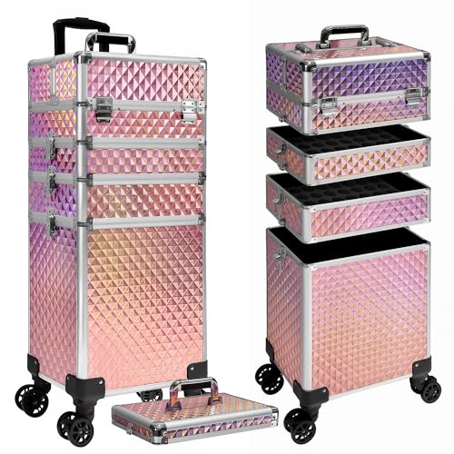 Image of 5 in 1 Rolling Makeup Train Case on Wheels Large Cosmetic Organizer Travel Cart for Women Beauty Salon Barber Hairstylist Pink