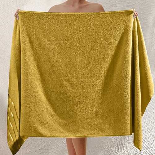 Image of Elegant Comfort 100% Turkish Cotton 4 Lines Viscose Stripe Jumbo Bath Towel - Hotel Spa Quality Extra Large 35 x 70 Inch Bath Towel Ultra Soft, Super Absorbent Quick Dry Large Bath Towel, Gold