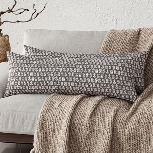 Image of Foindtower Set of 2 Decorative Vintage Long Lumbar Throw Pillow Covers Neutral Modern Farmhouse Cushion Covers Floral Home Decor for Sofa Couch Chair Bedroom Living Room,14x36 Inch,Rustic Gray