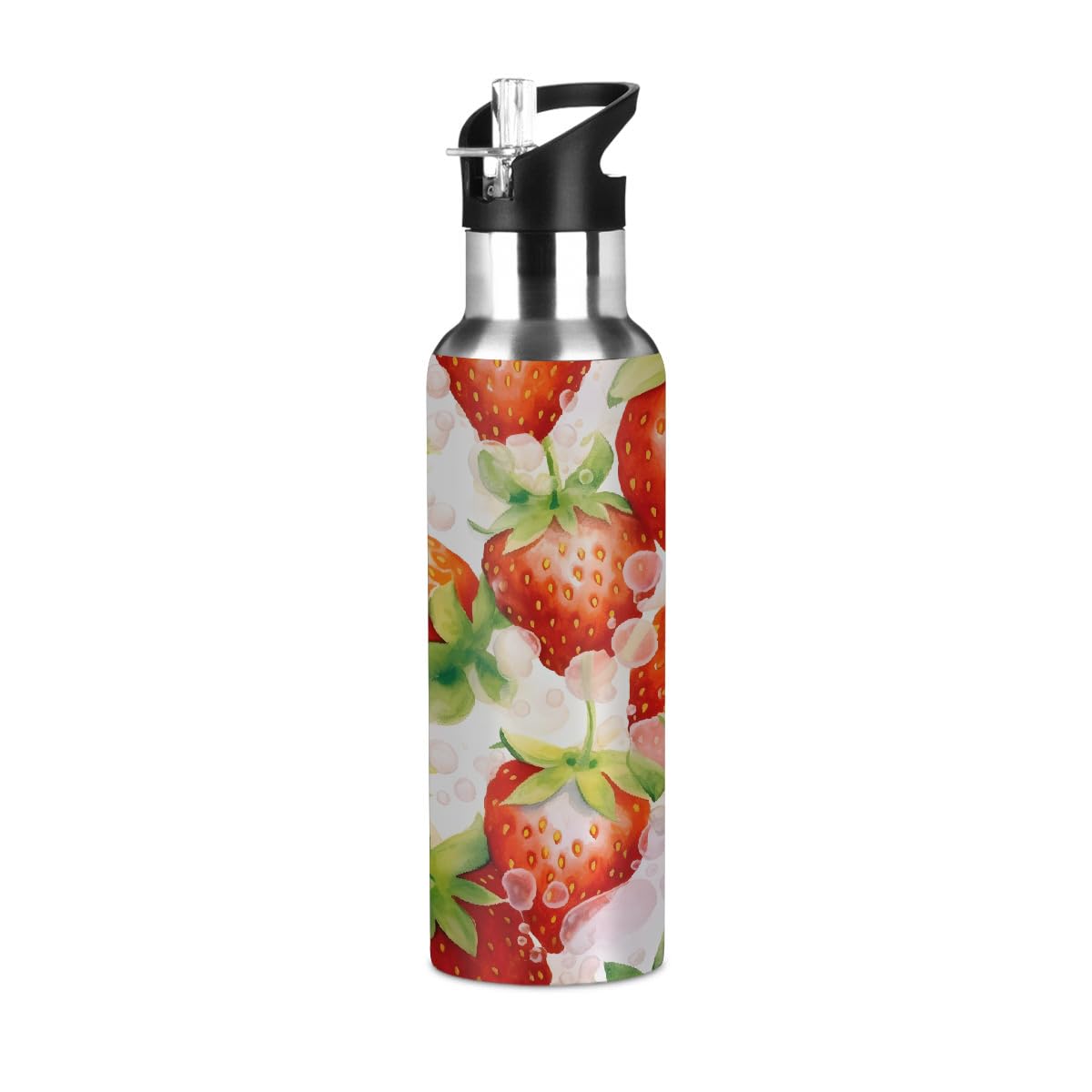 Mexpekil 600ml Stainless Steel Water Bottle with Straw Lid, Watercolor Strawberry Double Wall Insulated Drinks Bottle, Leakproof Thermal Flask for Adult Women Men
