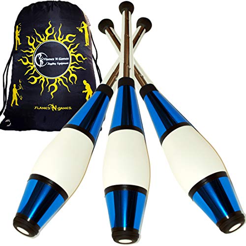 Juggle Dream Euro PRO Jonglierkeulen 3er-Set (Blau) Jonglier Keulen Training Set + Flames N Games Reisetasche! Große Keulenjonglage Set für Kinder & Erwachsene!