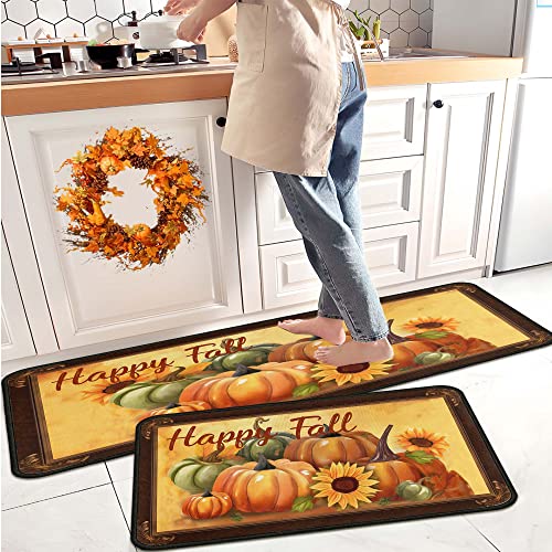 Happy Fall Pumpkin Decorative Kitchen Rugs Set of 2,Non Skid Washable, Home Seasonal Fall Holiday Party Autumn Harvest Thanksgiving Kitchen Mat 17'x47'+17'x30'