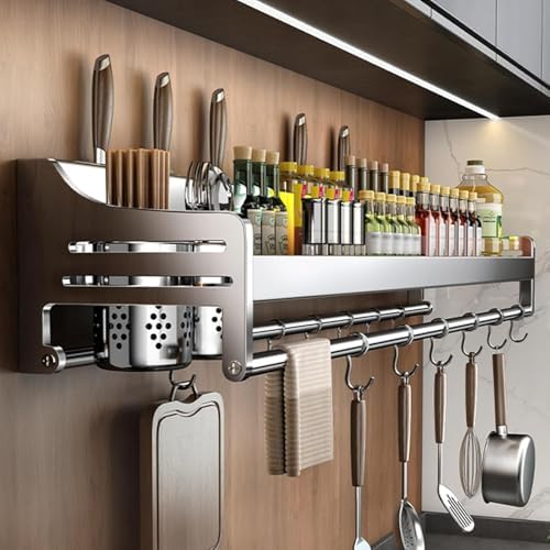 304 Stainless Steel Wall-Mounted Knife Holder & Spice Rack - Kitchen Utensil Organizer with Spice Shelf for Efficient Storage & Organization (40CM)