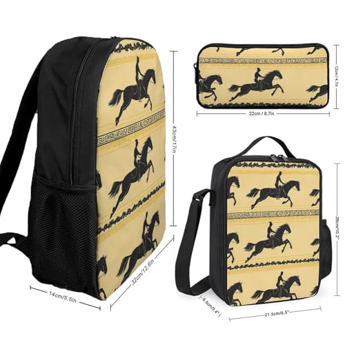 Horses Galloping Traditional Pattern Classic Backpack Lunch Bag Pencil Case 3 Piece Set Travel Daypack2