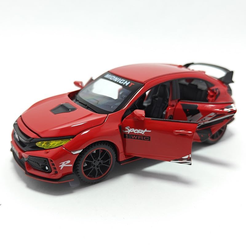 Image of Kids Model 1:32 Civic Type R Die Cast Metal Car Pull Back Action Opening Doors with Realistic Engine Sound Lights Toy Car Gift for Boys - Red