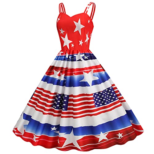 Image of OBEEII Womens 4th of July Dress Retro Spaghetti Strap American Flag Midi Dress Summer Cocktail A-line Swing Dress