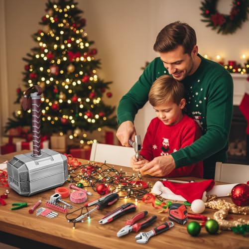 Image of Thor Hammer Tool Box, 28pcs Multifunctional Home Repair Tool Set Excellent Hand Tool Novelty Christmas Gift for Men Prop Hammer (Silver)