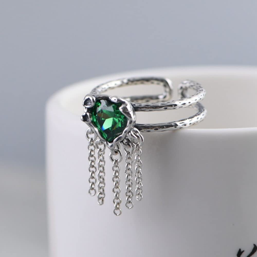 Anello In Argento 925 Da Donna,S925 Anello In Argento Sterling A Forma Di Cuore Con Zircone Verde Anelli Regolabili Anello Per Dito Indice A Doppio Strato Anello In Argento Con Ciondolo Per Matrimon