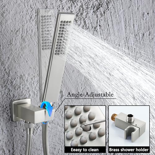 SKOWLL-Brushed-Nickel-Square-Shower-Faucet-Set-Rainfall-Shower-Head-LED-Shower-Faucet-Overhead-Shower-System-Shower-Head-and-Handle-Set-Wall-Mount-10-Inch-with-2-Function-Shower-Valve-Kit