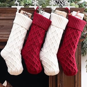 Christmas Stockings 4 Pack 18 Inch, Large Cable Knit Xmas Stocking for Family, Knitted Country Rustic Personalized Holiday Indoor Decorations, Burgundy Red & Cream White Christmas Stockings 4 Pack 18 Inch Large Cable Knit Xmas Stocking for Family Knitted Country Rustic Personalized Holiday Indoor Decorations Burgundy Red Cream White