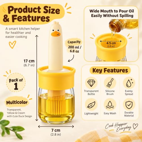 Image of Oil Dispenser Bottle with Silicone Basting Brush - 200 ml Duck Style Oil Jar for Cooking, BBQ, Baking and Air Fryer | BPA Free, Heat Resistant up to 230 C