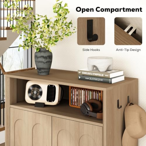 Image of Shoe Cabinet with Arched Doors, 43 inch Tall Large Hidden Shoe Storage Cabinet with Adjustable Shelves, 5-Tier Mid Century Modern Shoe Rack Organizer for Entryway Hallway Living Room,Oak, Set of 2