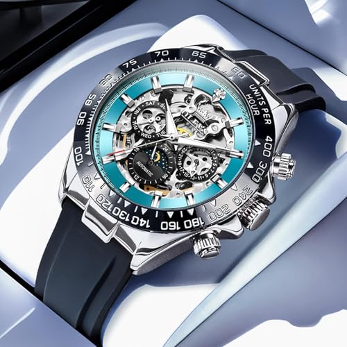 Image of OPK Men Analog Automatic Watches Waterproof Multifunction Chronograph Diamond Moon Phase Luminous Stainless Steel Band Wrist Watches