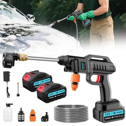 Cordless Pressure Washer, 21V Portable Pressure Washer, 62 Bar/899 PSI High-pressure Washer Battery Handheld Power Washer with 6-in-1 Adjustable Nozzle, 5M Hose, 2 Battery for Car/Floor/Patio Cleaning