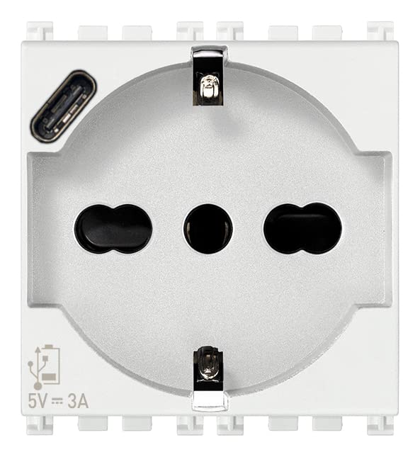 Vimar 19210.USB.B Arké 2 Module Socket SICURY 2P+T 16A 250V Universal Italian Standard P40 and USB Output Type C 5V and 3A for Fast Charging White