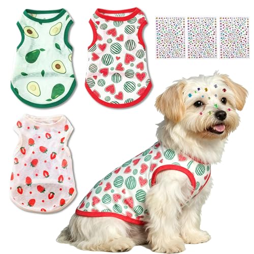 FOSDICK 3 Piezas Camiseta Perro, Ropa para Perros de Verano Transpirable, Lindo Chaleco Perro Estampado de Frutas, Camiseta Perros Sin Mangas para Perros Pequeños Medianos, con Pegatinas Brillantes