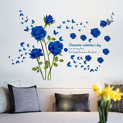 Oren Empower Vinyl Blue Roses Wall Sticker (147 cm x 98 cm, Blue